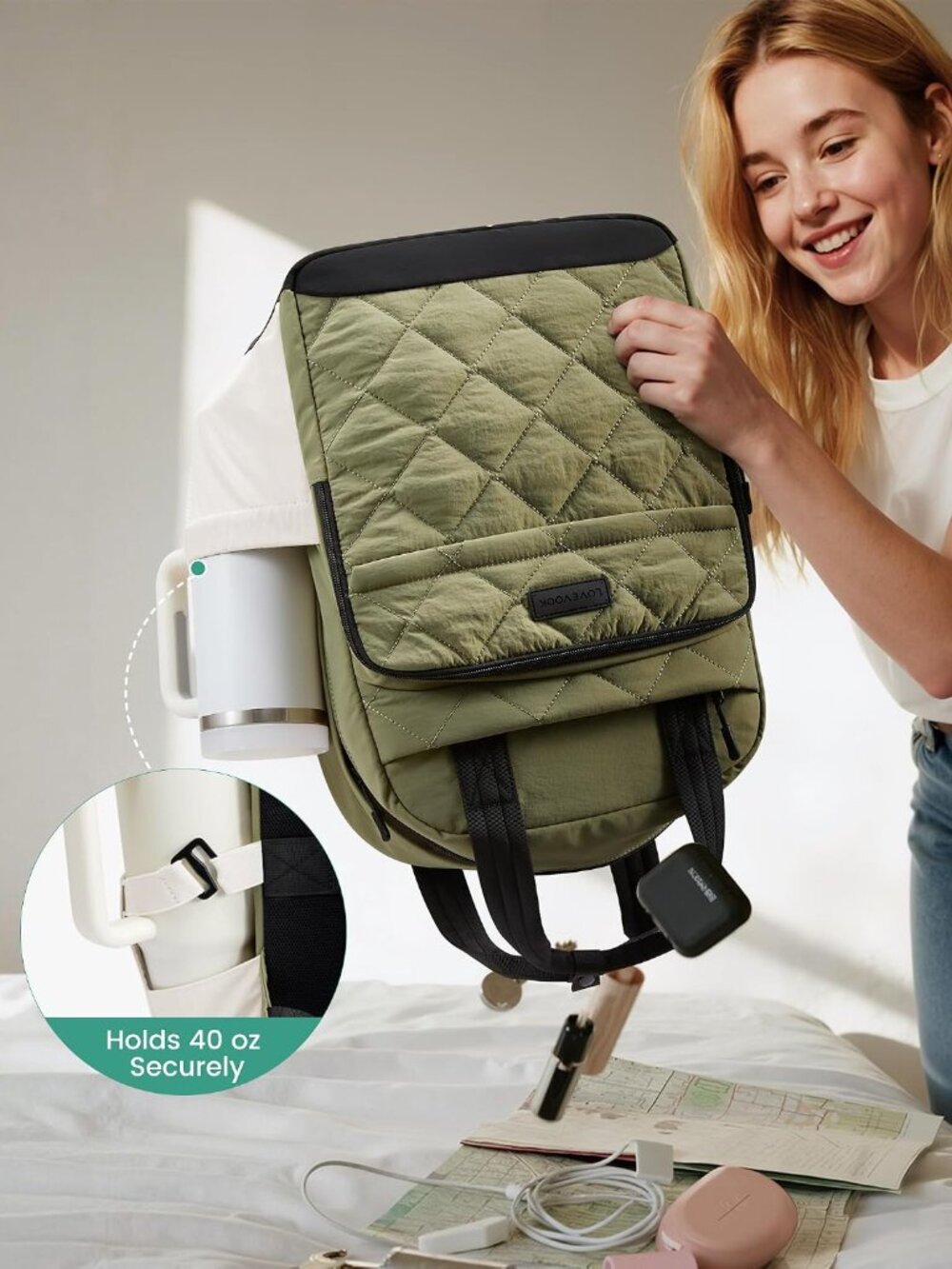 Puffer Backpack for Women Fits 15.6 Inch Laptop, Quilted Travel Backpacks Purse - Picture 2 of 7